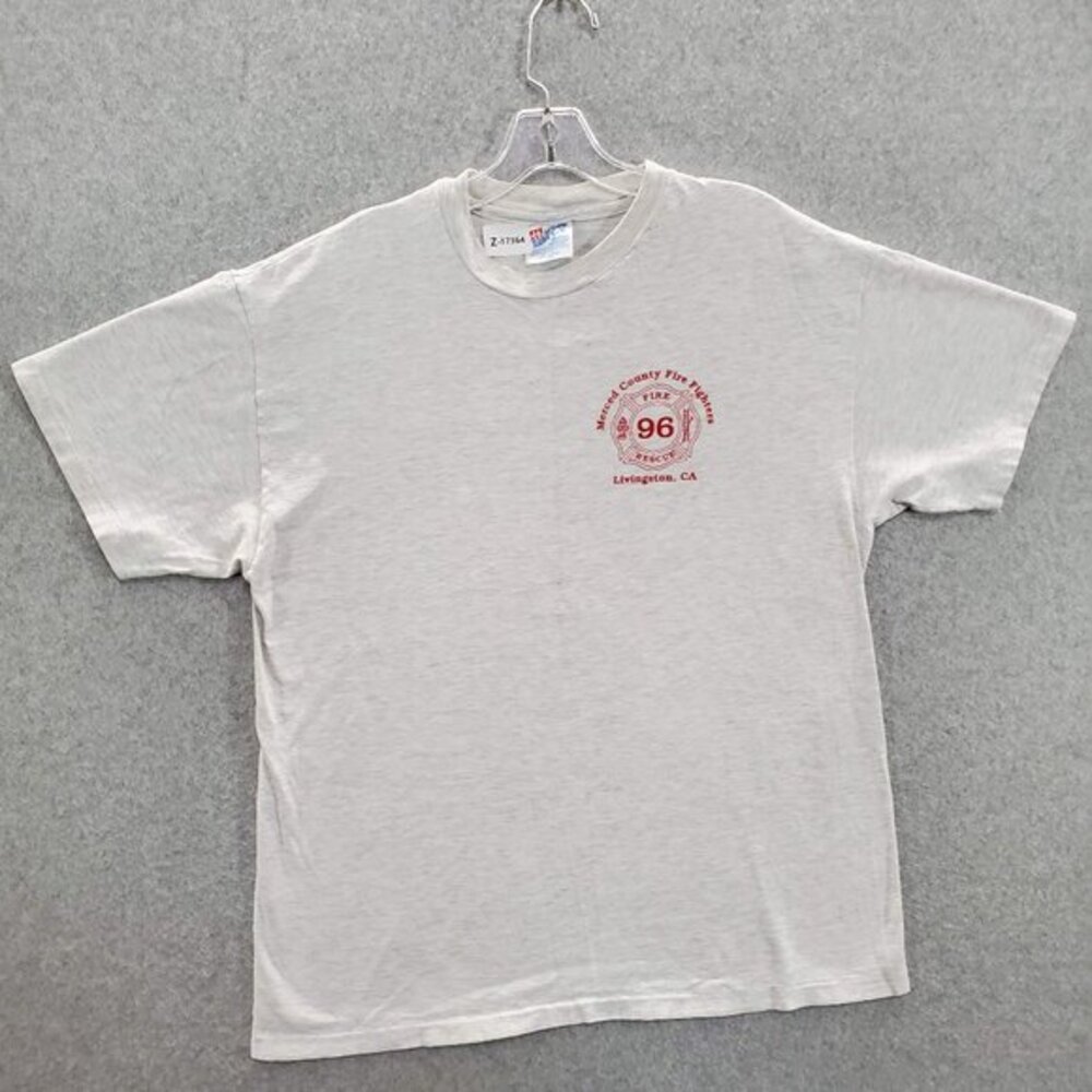 VINTAGE Merced County Fire Fighter Men Shirt L Single Stitch Livingston 90s USA